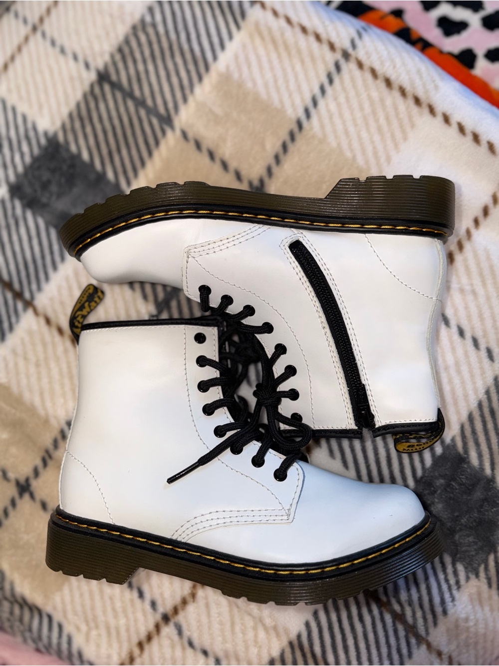 Dr. Martens White Leather Kids Combat Boots with Black Laces and Side Zip